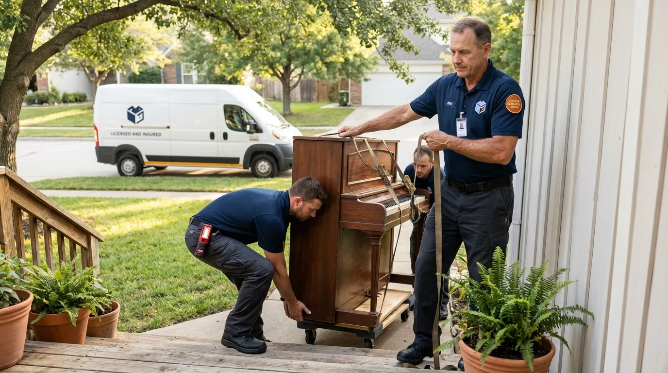 Licensed piano movers securing grand piano in Moulton, AL