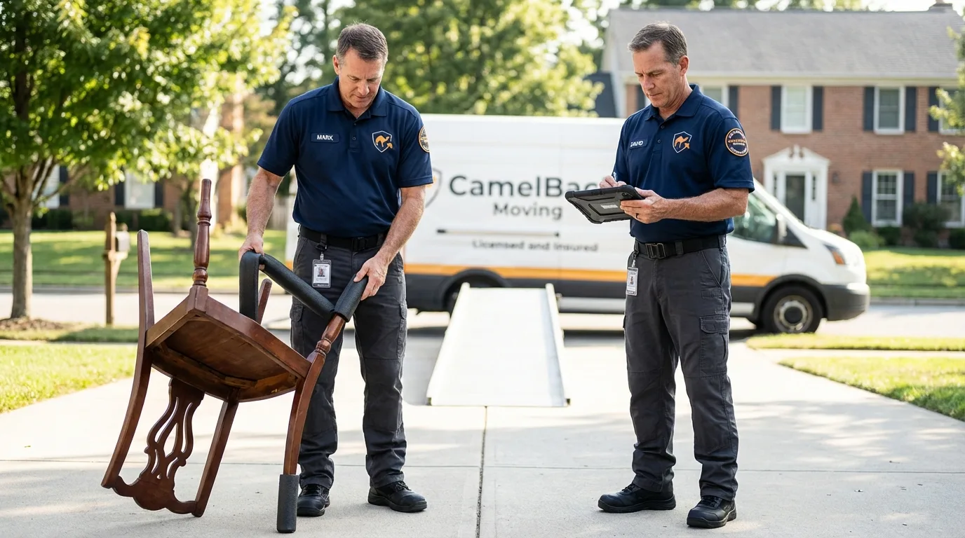 Movers inspecting furniture for damage prevention before loading in Moulton, AL