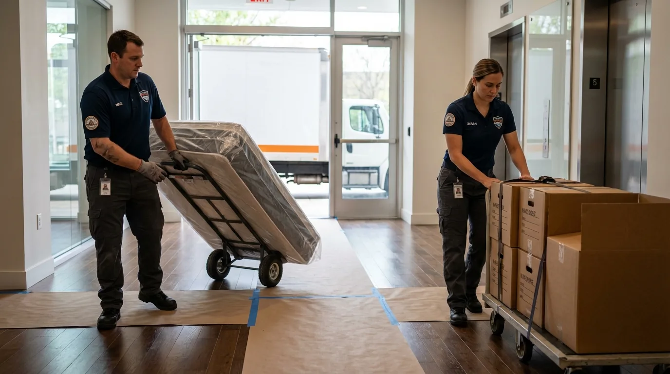 Professional apartment movers loading elevator in Moulton, AL