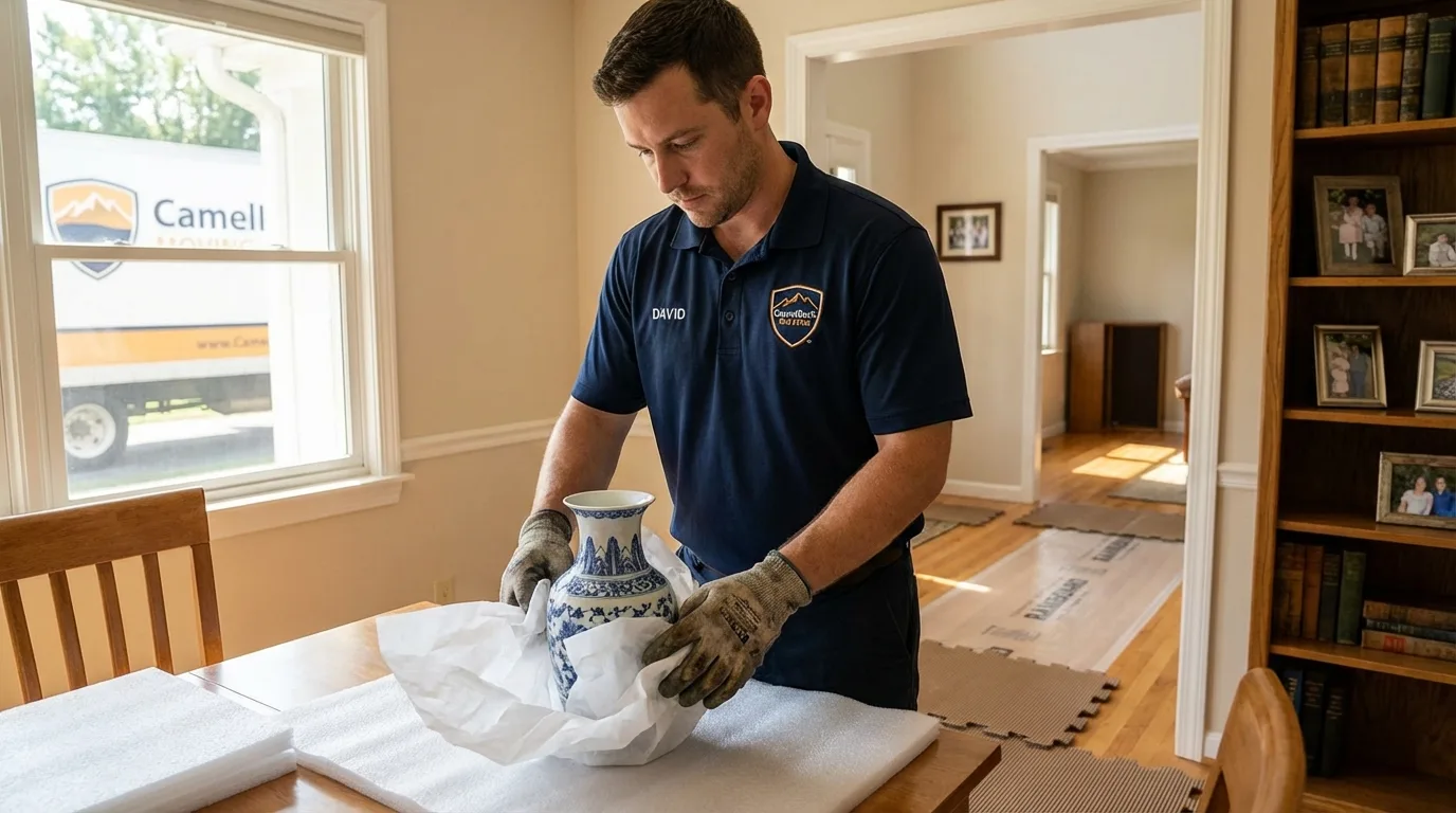 Professional crew carefully wrapping antique vase for senior downsizing move in Moulton, AL